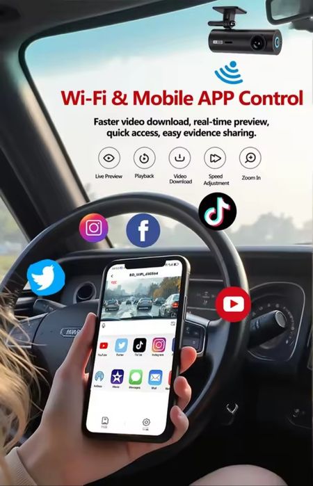 Kamera samochodowa Full HD z WiFi–kąt170°,tryb nocny,aplikacja mobilna