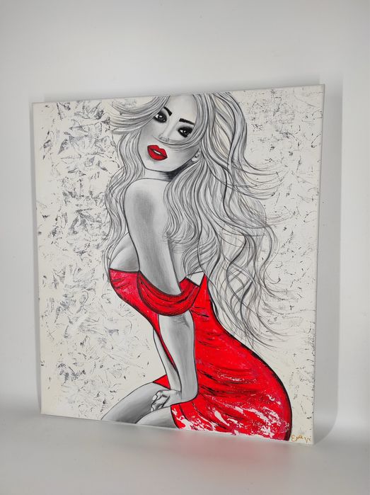 Duzy obraz akrylowy na plotnie kobieta czerwona sukienka