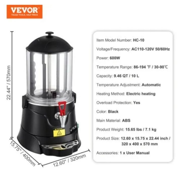 Distribuidor de chocolate quente VEVOR, máquina de chocolate quente de 10 L com faixa de temperatura ajustável, tanque ABS