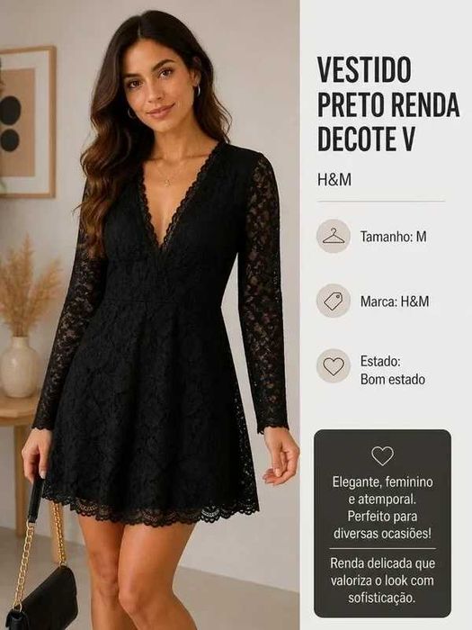 Vestido Curto H&M em Renda Preta – Decote em V e Costas Abertas (Tam. M)