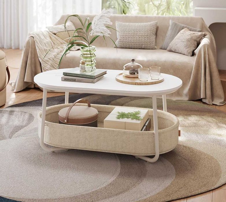 Stolik kawowy owalny z koszem z tkaniny 45x100x55 cm