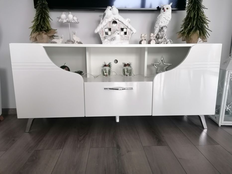 Komplet szafka RTV witryna komoda wysoka biały połysk