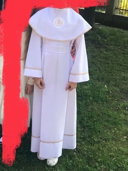 Alba komunijna dziewczynka biała ze złotymi dodatkami 140