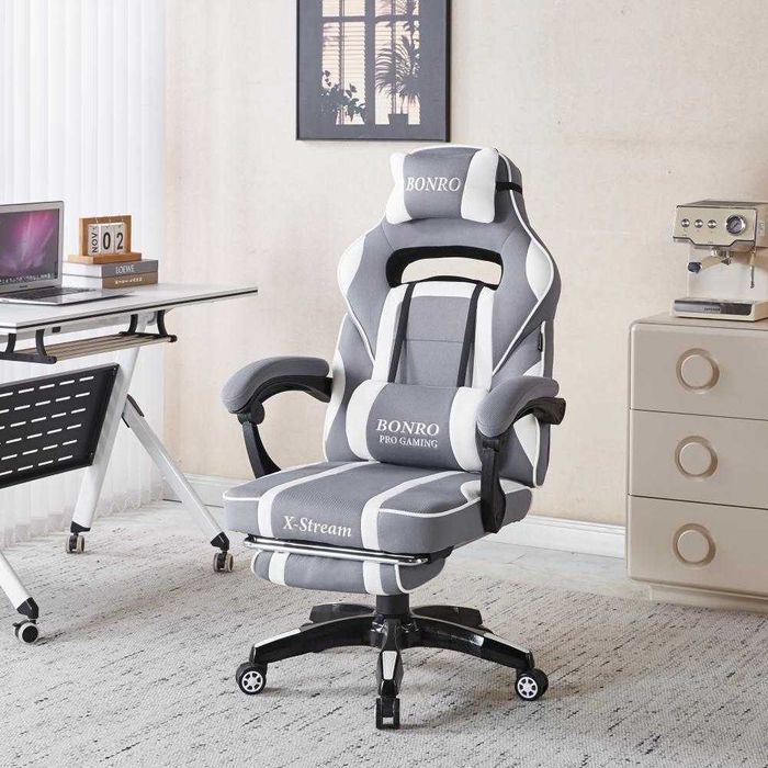 Крісло геймерське з тканини біло-сіре з підставкою / Кресло геймерское