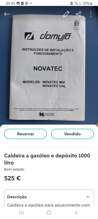 Caldeira a gasóleo e depósito de 1000 litros.