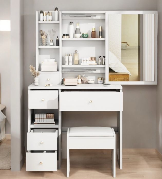 Prosta toaletka z wysuwanym lustrem + mały taboret.