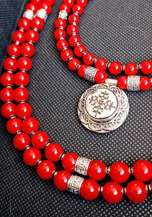 Українське намисто коралі до вишиванки багаторядні червоні