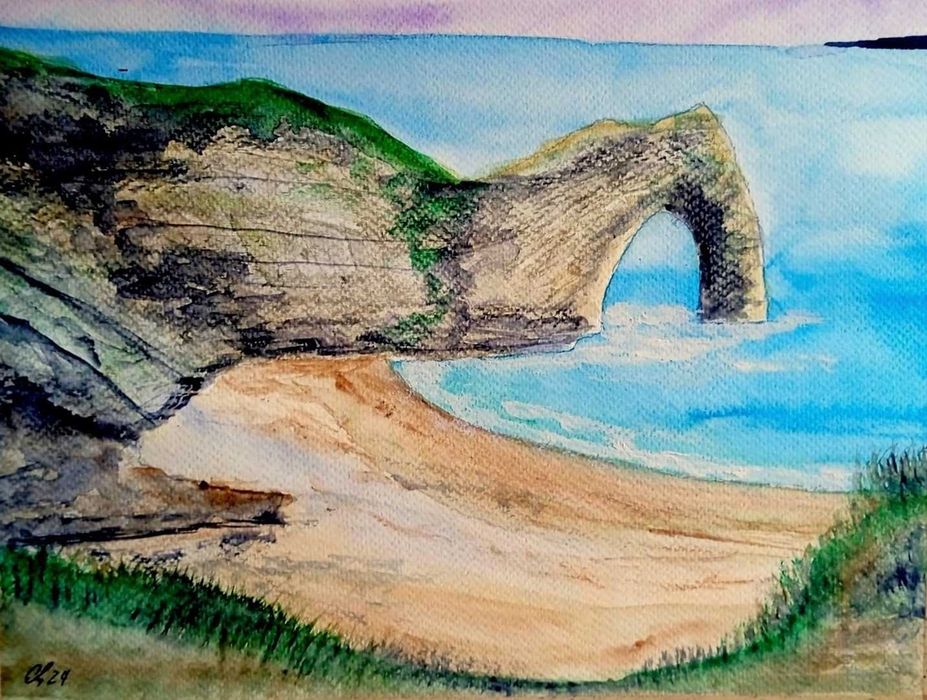 Aguarela pintada a mão " Paisagem com falésia e mar"
