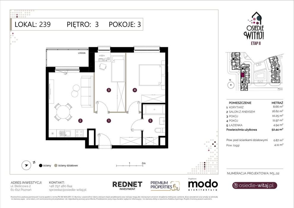 3-pokojowe mieszkanie 52 m² + loggia Bezpośrednio - Widok 2