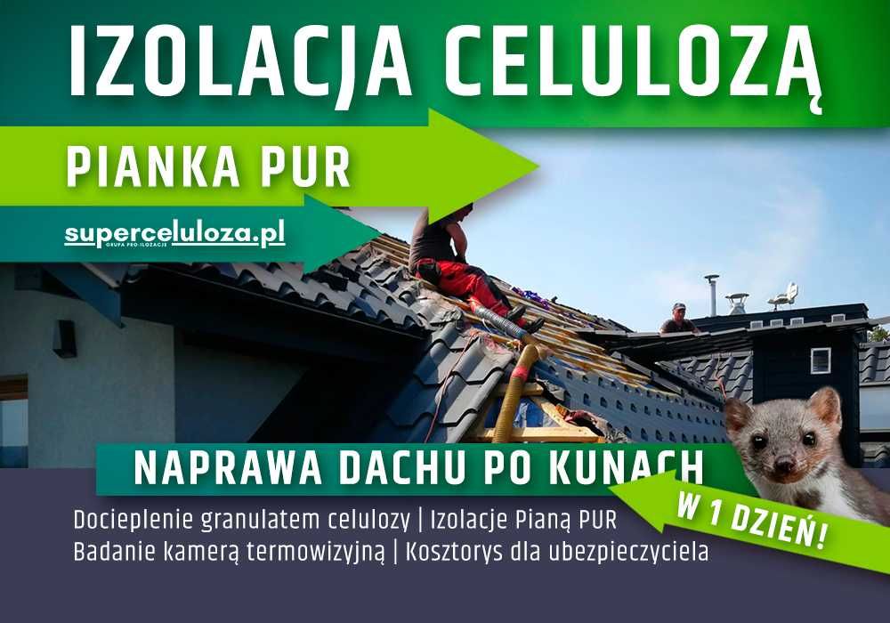 Izolacja celulozą | Naprawa dachu po kunie | KUNY | UBEZPIECZENIE