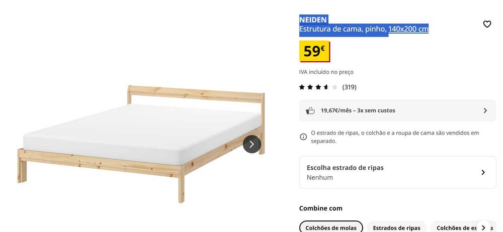 PT: Estrutura de cama IKEA NEIDEN 140x200 cm + 2 estrados de ripas + 1 extra gratis EN: IKEA NEIDEN bed frame 140x200 cm in pine +2 slatted bed bases