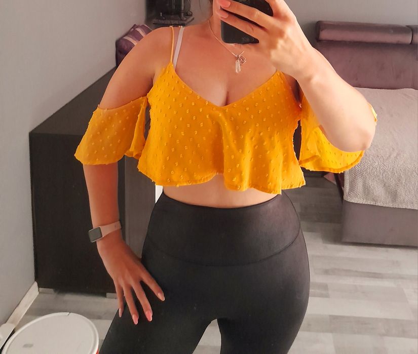 Crop Top croptop prążki kropki groszki sznurowany musztardowa bluzka