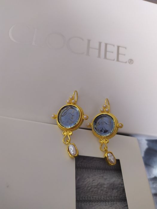 Kolczyki vintage retro postarzane wiszące kolor niebieski złoty