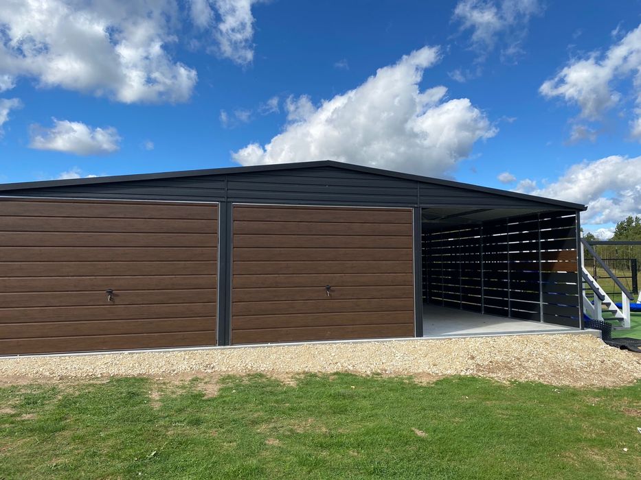 Garaż blaszany 6x6 + wiata 3x6, czarny mat, orzech, profil zamknięty.