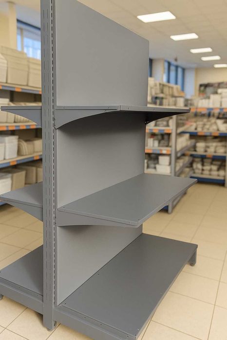 Стелажі пристіні та острівні, перфорація, обладнання для магазинів