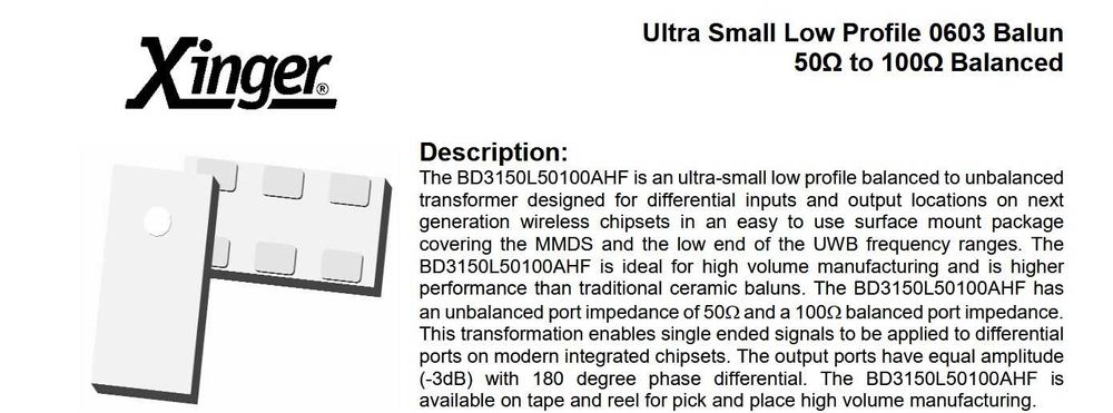 Ultra Small Low Profile  SMD 0603 Balun BD3150L50100A0