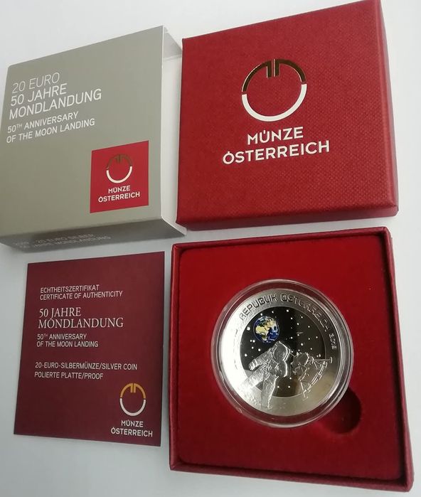 Австрія 20 євро 2019р. СРІБЛО. ПРУФ. Висадка на Місяць. Сертифікат