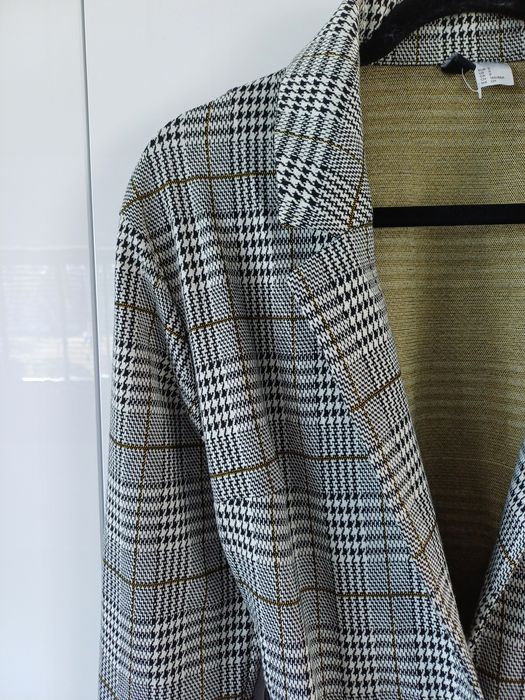 H&M szary płaszcz długi w kratkę wiosenny na wiosnę narzutka S 36