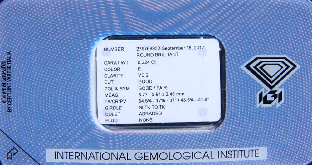 BRYLANT 0.224 ct VS2 E 3,81 mm Certyfikat IGI Diament