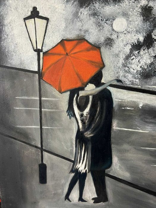 Pintura óleo sobre tela - Amor à chuva