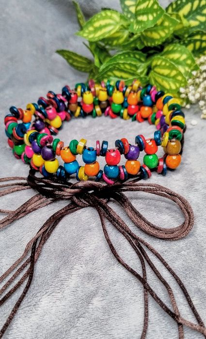 Kolorowy pasek boho z drewnianych koralików, wiązany,retro vibe gypsy