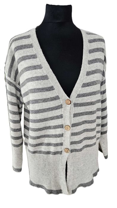 Kardigan sweter wełna kaszmir cashmere  paski damski premium szary M L