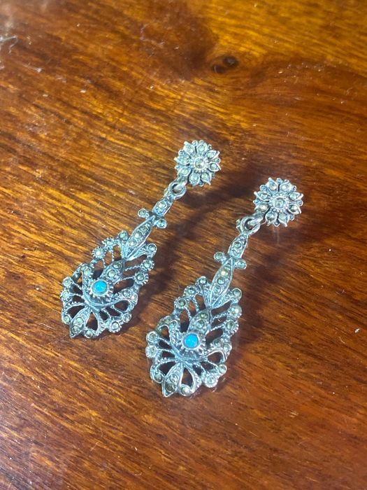 Brincos Turquesa Prata portuguesa contrastada 835 Antigos 4,3 cm