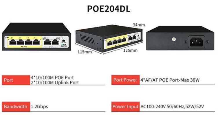 Комутатор POE SWITCH 204 DL (4+2) 52 В 65 Вт із внутрішнім б/ж