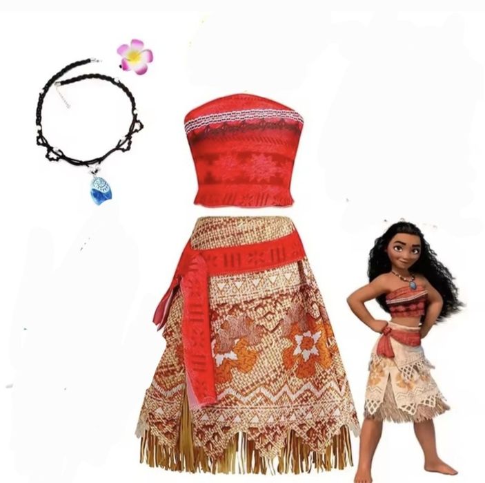 Nowy! Stroj przebranie Vaiana Moana karnawał
Nowy komplet.

Bluzka:
Biust ok 27 cm x 2
Dlugosc z przodu 19 cm
Spódnica:
Pas 21cm x 2
Dlugosc 41 cm
