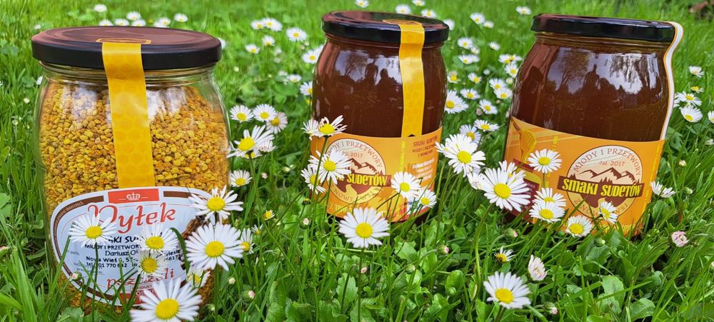 Dwa miody wiosenne po 900 ml i słoik pyłku 0,5 kg