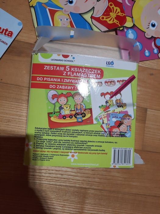 Edukacyjne ksiazeczki o emocjach, 5 szt, leonardo school, stan bdb