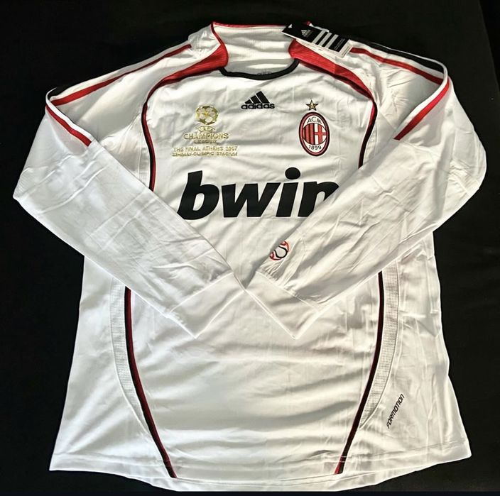 Camisola Retrô Milan Branco Manga Comprida 2007 Kaká UCL Envio Rapido