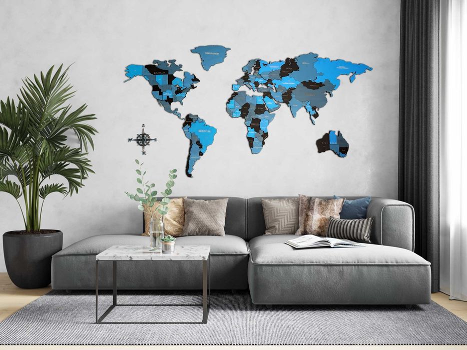 Mapa Świata 3D 150x90cm czarny, niebieski, prezent