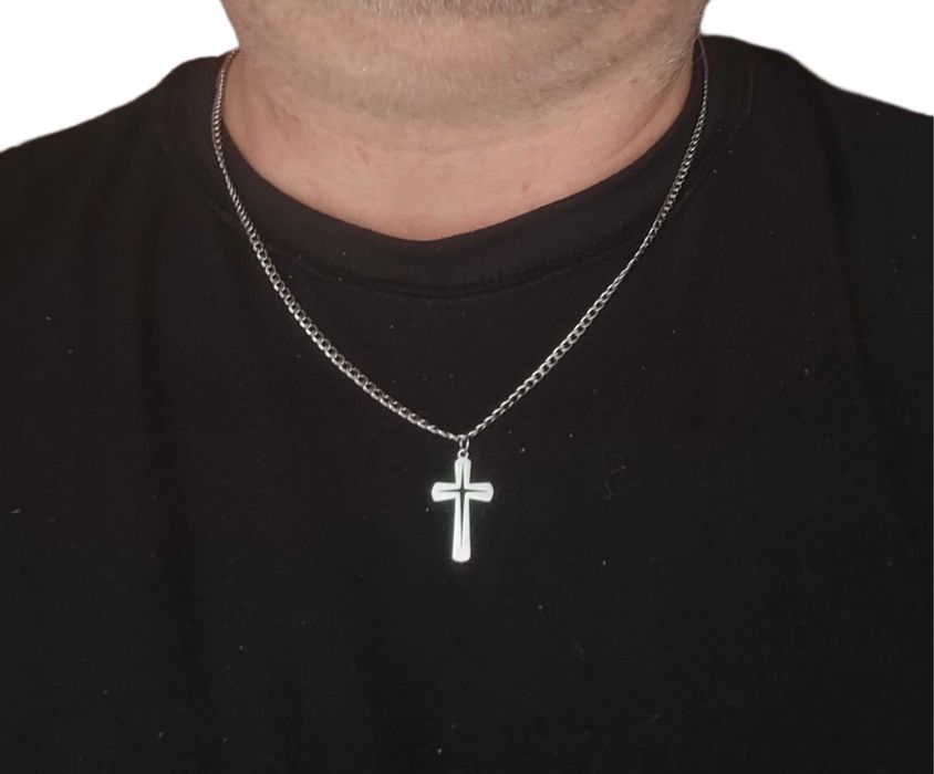 Naszyjnik pancerka 55 cm , stal szlachetna , krzyżyk , pudełko