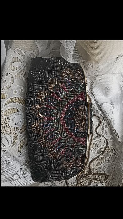 Torebka wieczorowa koraliki VINTAGE retro kopertówka czarna