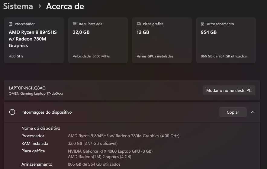 [VENDO/TROCO] HP OMEN 17 - Ryzen 9 / RTX 4060 / 32GB DDR5 (Na Garantia) (Negociáveis)