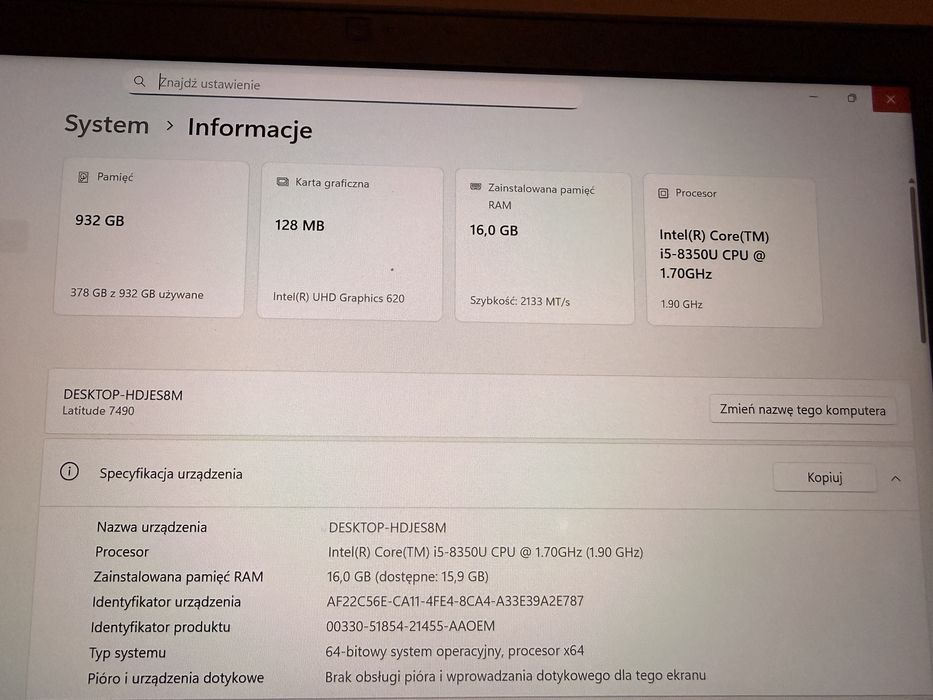 Dell latitude 7490 i5 8350U 16 GB RAM Dysk SSD M2 1024GB 1TB