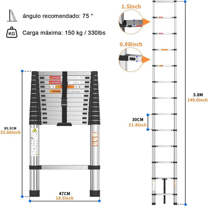 Escada telescópica 3,8 metros aço inoxidável - NOVO - ENVIO GRÁTIS