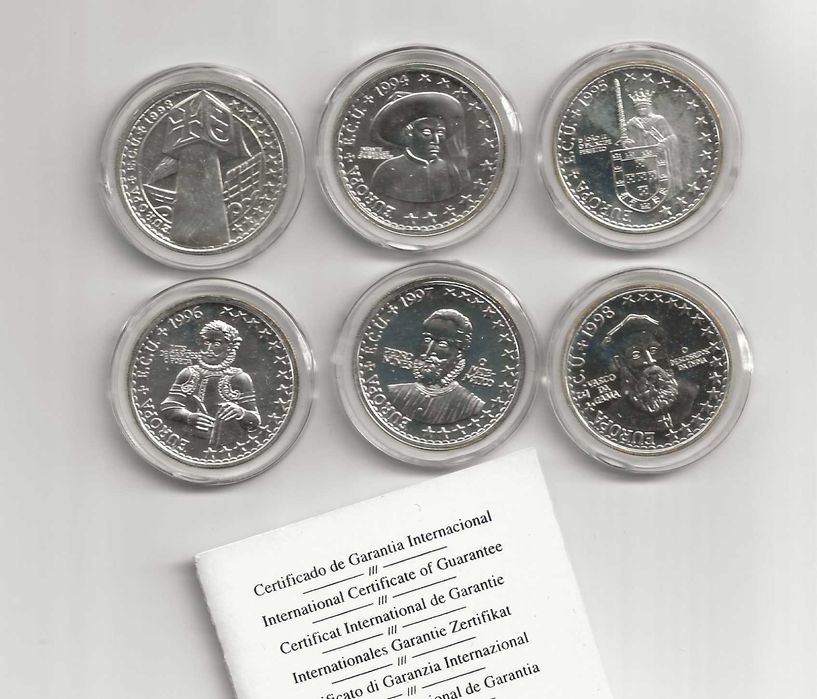 Estojo com 6 moedas do ECU Português 1998, Prata