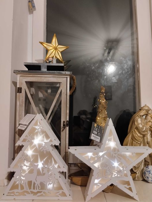 Choinka LED gwiazda Dekoracja świąteczna na baterie brąz biała drewno