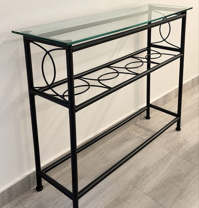 Mesa Consola em Ferro Preto e Vidro – 90 cm