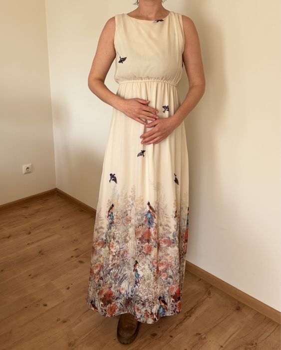 Sukienka midi boho beż kwiaty