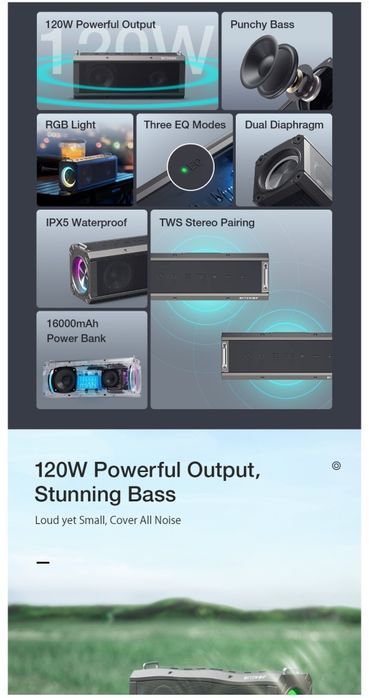 Coluna de Som portátil  120W com bluetooth Quad Drivers Deep Bass Ster