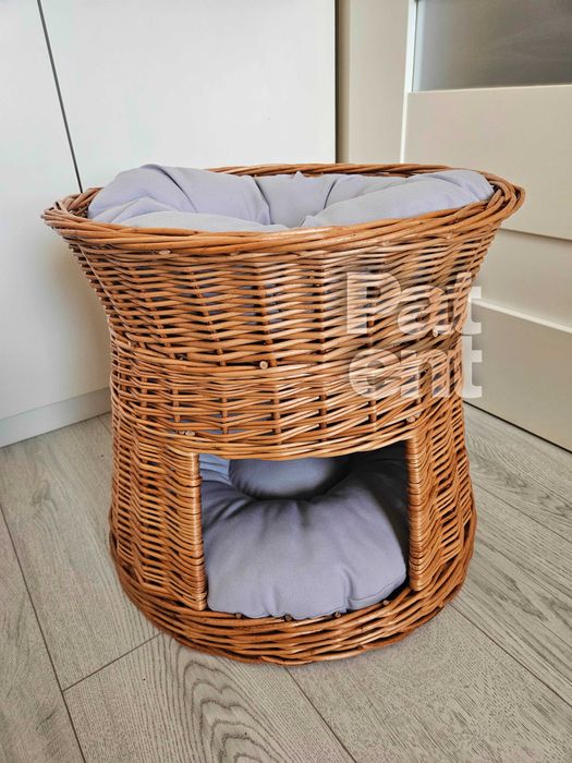 Wiklinowa budka domek legowisko dla kota z 2 poduszkami