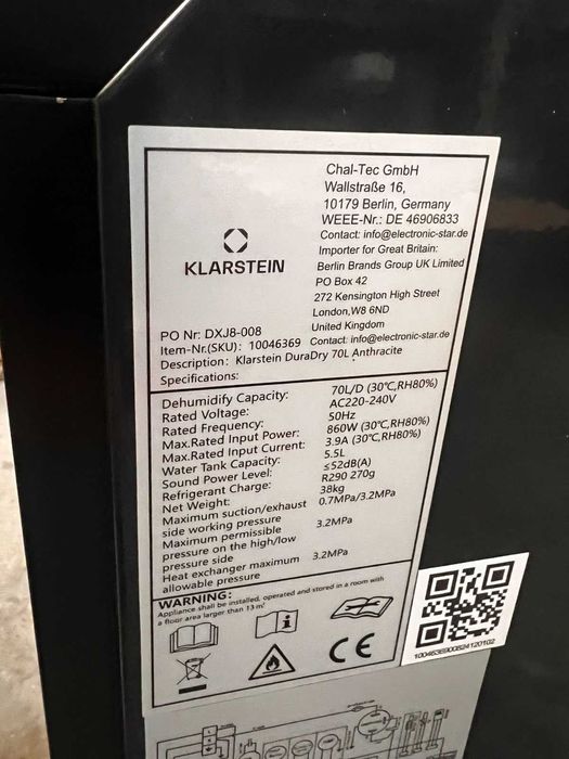Осушувач повітря Осушитель воздуха KLARSTEIN DuraDry 70 л (10046369)