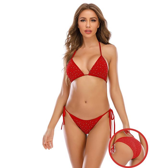 Cancún bikini wiązane figi z cyrkoniami strój kąpielowy plaża czerwony