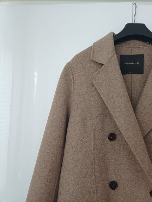Massimo Dutti wełniany płaszcz brązowy taupe wełna długi midi wiosenny