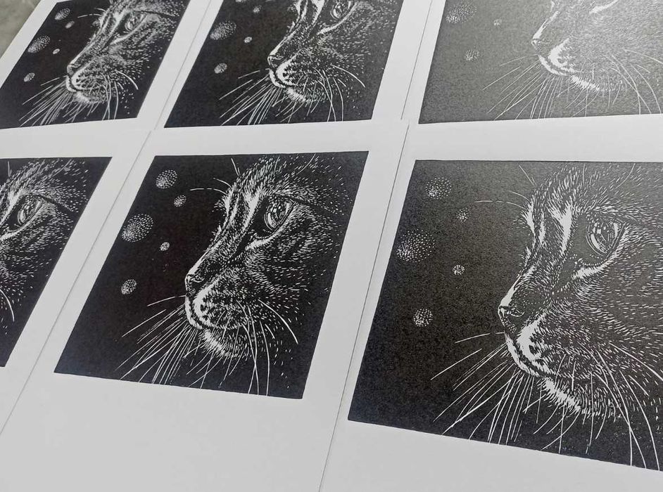 Portret kota, linoryt, grafika A4, kot