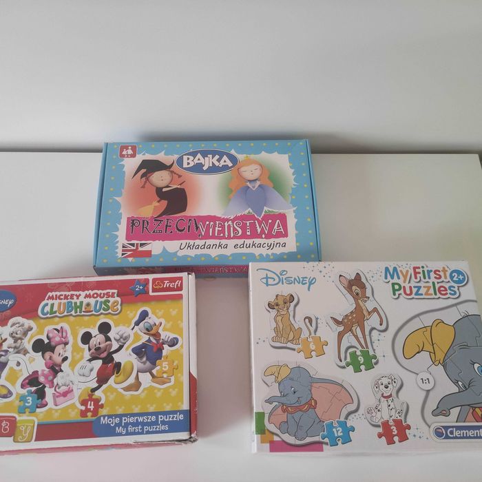 3 zestawy puzzle trefl, clementoni 2+
