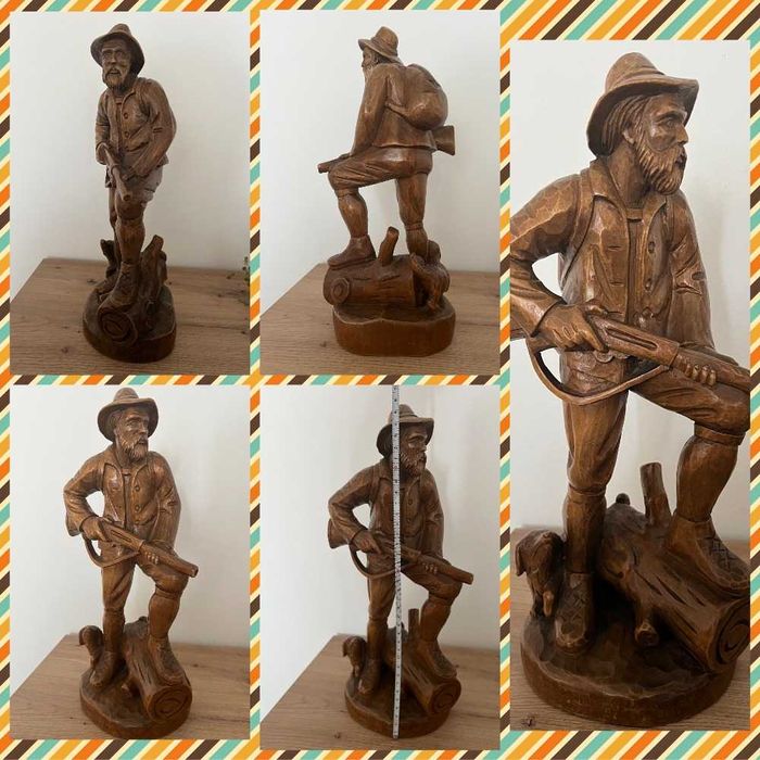 Фигура Статуя Охотник с собакой Дерево Ручная работа 38 см Мисливець